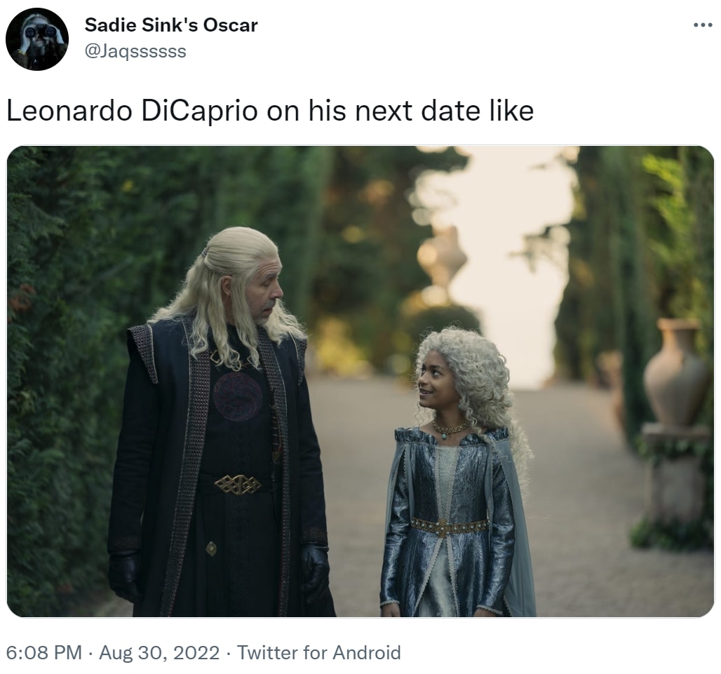 This scene from House of the Dragon featuring a literal child offering herself in marriage to a king has been doing the rounds after DiCaprio's recent breakup with Camila Morrone (photo-Twitter)