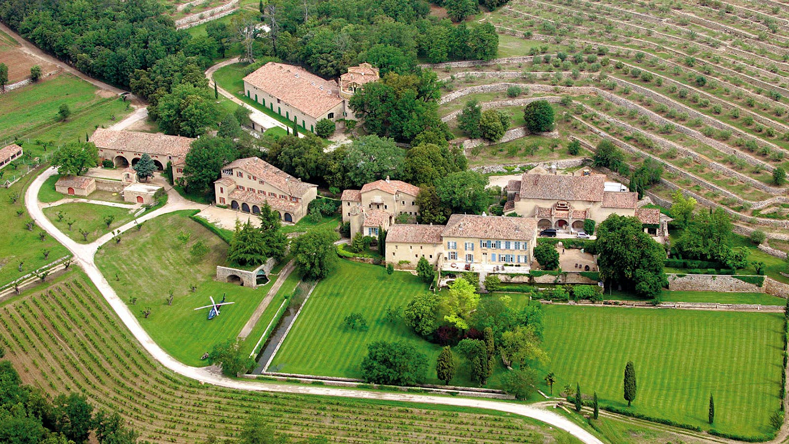 An aerial view of the Chateau Miraval (photo-Wine Spectator) 