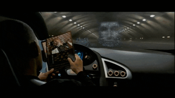 A self-driving car shown in the 2004 film I Robot, based on Isaac Asimov's writings (GIF-IMDb) A self-driving car shown in the 2004 film I Robot, based on Isaac Asimov's writings (GIF-IMDb)