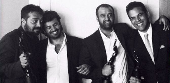 The founders of Phantom Films posing together following a Filmfare win. Vikas Bahl is the second one in the left.  (photo-Phantom Films on Facebook)