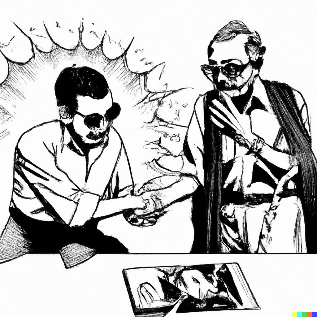 Since we don't have images of Satyajit Ray meeting Stan Lee and discussing Spider-Man, this is the best the AI image generator DALL-E could come up with (photo-Shaurya Thapa on DALL-E)