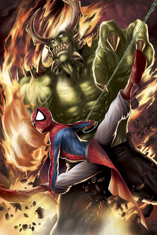 Indian Spider-Man swinging by a web with Green Goblin (Naman Oberoi) in the background (photo-Marvel Comics Database)