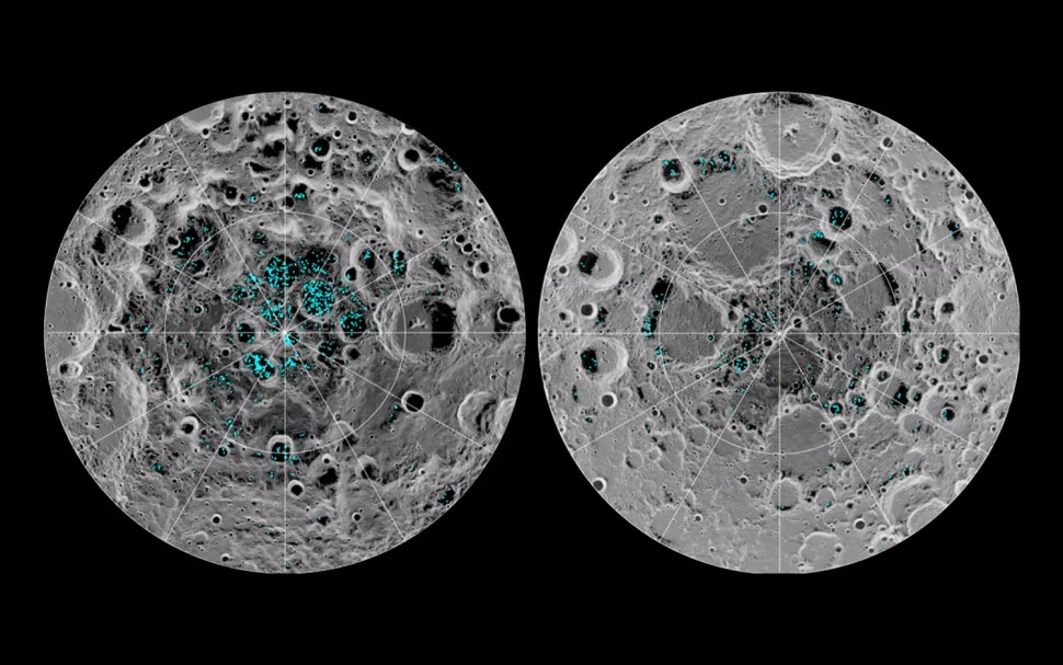 The highlighted areas represents frozen reserves of water on the Moon's poles (photo-NASA) The highlighted areas represents frozen reserves of water on the Moon's poles (photo-NASA)