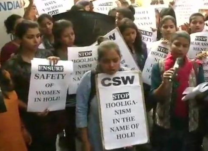 Delhi college girls protested against the normalisation of harassment on Holi. Photo: ANI