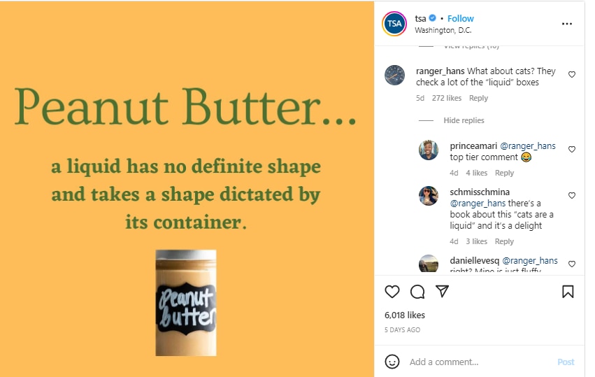 Peanut butter and other 'liquid' items you can't carry in hand baggage