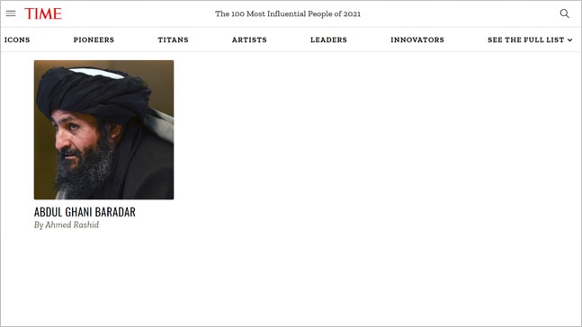 Mullah Baradar on the TIME 100 2021 list. Photo: Screenshot/TIME