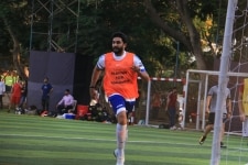 Mumbai  Actor Abhishek Bachchan seen playing football in Juhu  Mumbai on April 28  2019  Photo  IANS 