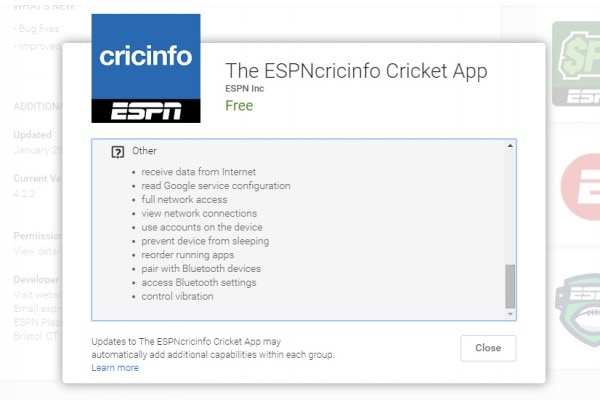 espncricinfo की परमिशन स्क्रीन