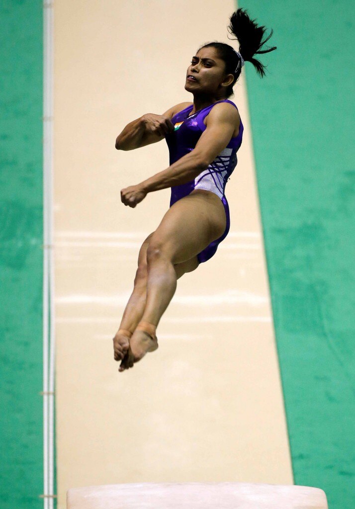 Dipa Karmakar of India performs during her vault in the women's apparatus final. REUTERS