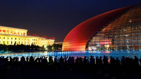 The Grand National Theatre is illuminated ahead of the Belt and Road Forum in Beijing, China, May 12, 2017. Picture taken May 12, 2017. REUTERS/Stringer ATTENTION EDITORS - THIS IMAGE WAS PROVIDED BY A THIRD PARTY. EDITORIAL USE ONLY. CHINA OUT. TPX IMAGES OF THE DAY