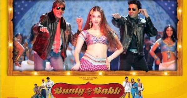 यशराज की फिल्म "बंटी और बबली" के पोस्टर में अमिताभ, ऐश्वर्या और अभिषेक बच्चन.