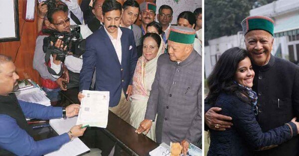 नामांकन के समय पिता वीरभद्र और मां प्रतिभा के साथ विक्रमादित्य. (बाएं) वीरभद्र के साथ अपराजिता (दाएं)