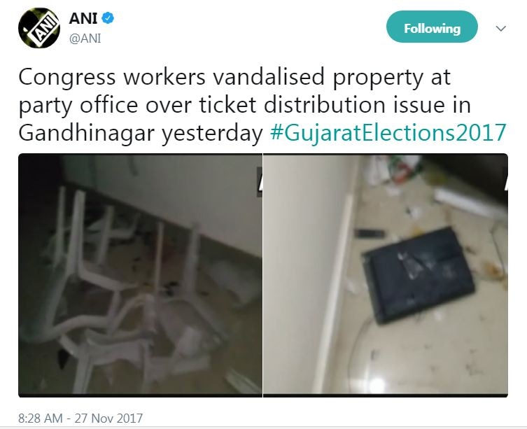 गांधीनगर में कांग्रेस कार्यकर्ताओं ने टिकट वितरण से नाराज़ होकर कांग्रेस दफ्तर में तोड़फोड़ कर दी थी.