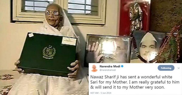 पाकिस्तानी प्रधानमंत्री नवाज़ शरीफ की भेजी साड़ी के साथ पीएम मोदी की मां और साथ में पीएम मोदी का शुक्रिया कहने वाला ट्वीट.
