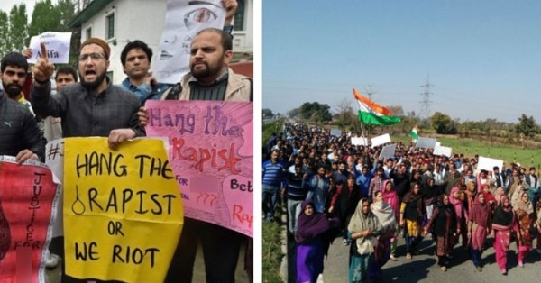 कठुआ में मरने वाली बच्ची के हक में निकले लोग (बाएं) और हत्यारों के बचाव में निकले लोग (दाएं).