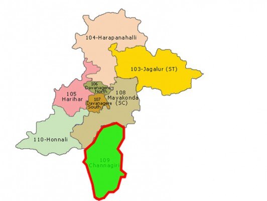 दावनगिरि लोकसभा सीट का विधानसभा सीटों के हिसाब से नक्शा.