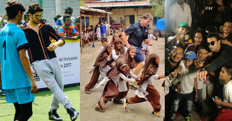 स्लम सॉकर से जुड़े इवेंट में खेलते हुए सिद्धार्थ मल्होत्रा, WWE चैंपियन रेस्लर जॉन ब्रैडशॉ लेफील्ड और बच्चों के साथ फोटो खिंचवाते हुए रणवीर सिंह.