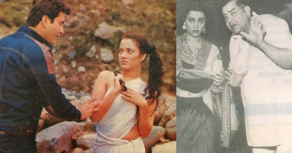 फिल्म के एक दृश्य में हीरो राजीव कपूर और शूट के दौरान डायरेक्टर राज कपूर के साथ मंदाकिनी.