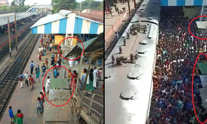 इंडिया टुडे के रिपोर्टर ने राणाघाट रेलवे स्टेशन पर जाकर उसी ऐंगल से प्लेटफॉर्म नंबर दो की तस्वीर ली. ठीक उसी जगह की, जो वायरल विडियो में नजर आ रही है. दाहिनी तरफ की फोटो देखिए. ये विडियो का स्क्रीनग्रैब है. गोल घेरे में कुछ चीजें, जैसे टिन शेड्स दिख रहे हैं. बाईं तरफ की फोटो रिपोर्टर ने ली है. उसमें भी गोल घेरे के अंदर वो ही कॉमन पॉइंट्स हैं. दोनों मिलाएंगे तो पता चलेगा कि ये राणाघाट प्लेटफॉर्म ही है (फोटो: इंडिया टुडे)