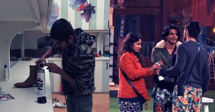 करणवीर के जूते से कॉफी निकालकर सिपर में डालते दीपक और बाद में वही कॉफी पीते रोहित सुरभि और करण.