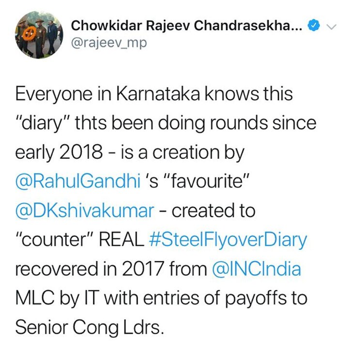ये राजीव चंद्रशेखर का ट्वीट है. उनका कहना है कि इस कथित डायरी के बारे में कर्नाटक में हर कोई जानता है. 2018 की शुरुआत से ही. कि ये डायरी राहुल गांधी और उनके पसंदीदा डी के शिवकुमार की गढ़ी हुई है.