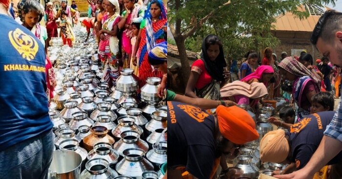 वेले गांव में लोगों को पीने का पानी मुहैया करवाती खालसा एड की टीम.