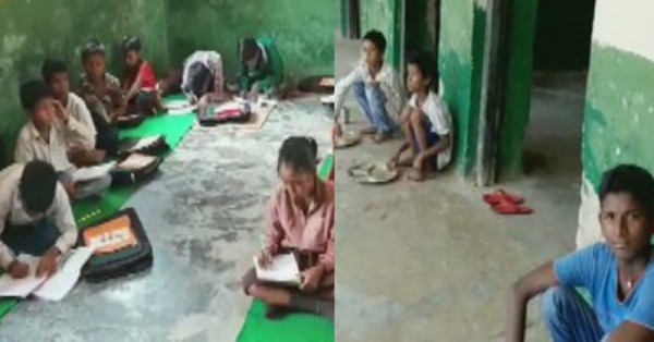 रामपुर के प्राइमरी स्कूल में पढ़ते-खाते बच्चे.