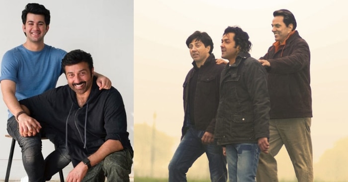 सनी देओल के साथ उनके बेटे करण देओल. दूसरी ओर धर्मेंद्र के सााथ सनी देओल और बॉबी देओल.