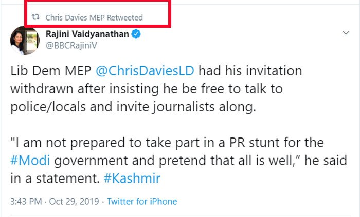 EU डेलिगेशन के कश्मीर पहुंचने के बाद क्रिस ने कहा, वो मोदी सरकार के लिए होने वाले किसी PR स्टंट में हिस्सा लेने को तैयार नहीं. क्रिस के कहे का सीधा एन्टरप्रेटेशन ये है कि वो कश्मीर गए EU डेलिगेशन को PR इवेंट बता रहे हैं.