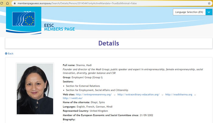 EESC की वेबसाइट पर उसके सदस्यों और डेलिगेट्स की जानकारी दी हुई है. वहां हमें मादी शर्मा का ब्योरा भी मिला. ये उसी पेज का स्क्रीनशॉट है.