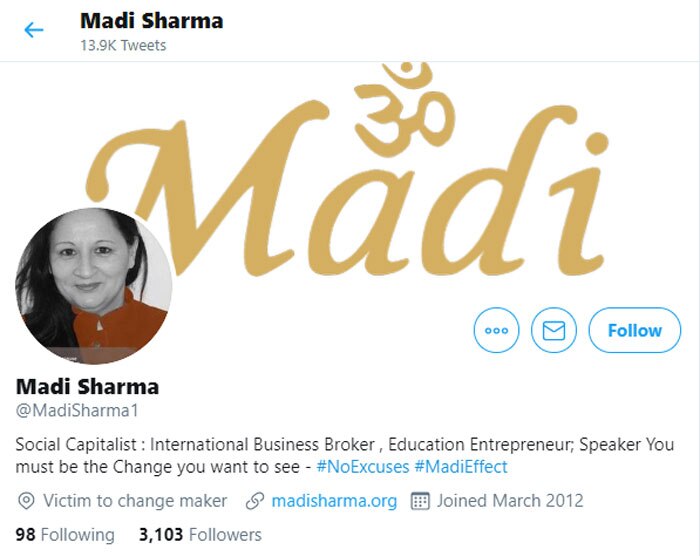 ये है मादी उर्फ़ मधु शर्मा का ट्विटर हैंडल. वैरिफाइड नहीं है. ख़ुद के परिचय में लिखा है- इंटरनैशनल बिज़नस ब्रोकर.