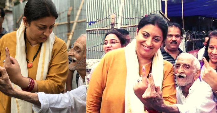 स्मृति ईरानी वोट देने के बाद बूथ पर लोगों से बात की.