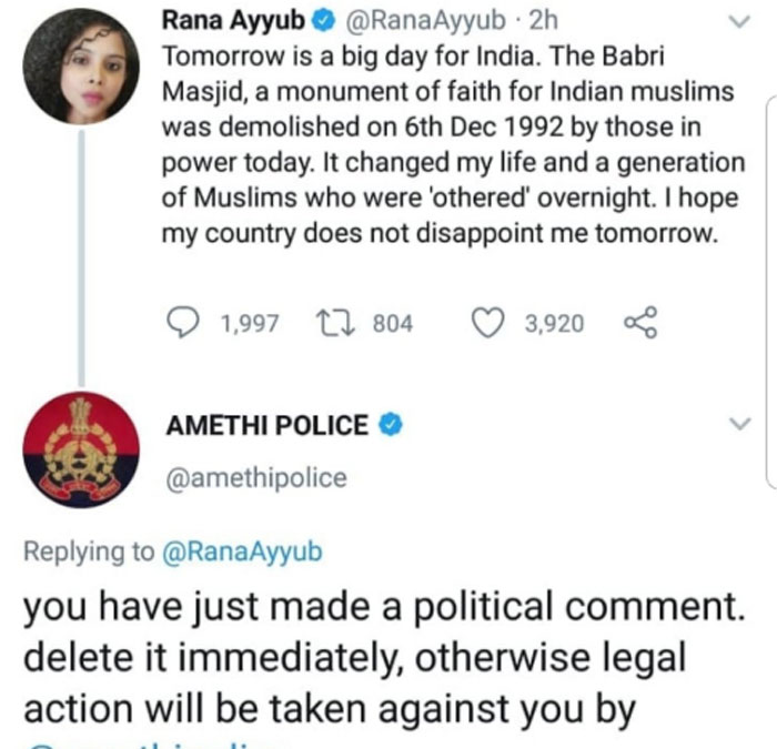 अमेठी पुलिस ने राणा अयूब के इस ट्वीट पर चेतावनी देते हुए लिखा कि वो इसे डिलीट करें. मगर ये ख़बर लिखे जाने तक राणा अयूब ने अपना ट्वीट नहीं मिटाया है (फोटो: ट्विटर)