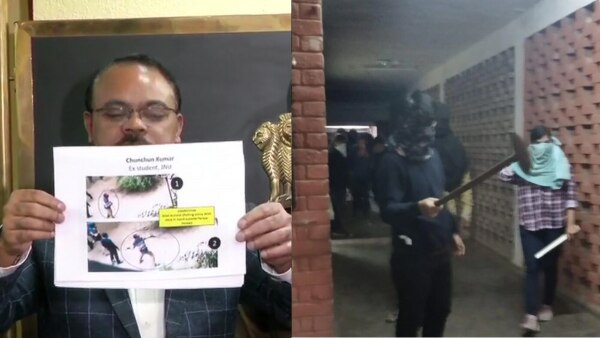 बाएं से दाएं: पुलिस प्रेस कॉन्फ्रेंस करते हुए. सबसे ज्यादा वायरल होने वाली तस्वीर दाएं में हैं, लेकिन पुलिस ने इस पर कुछ भी नहीं कहा. Jnu Students