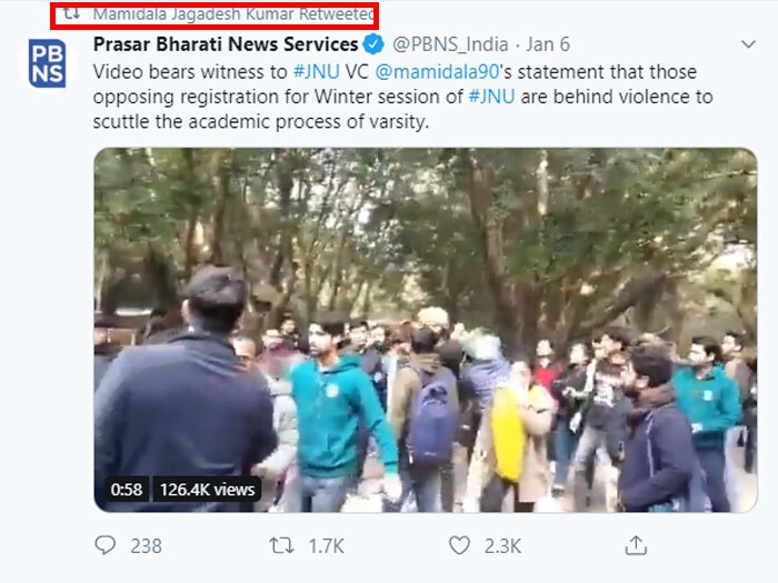 JNU के VC मामिडाला जगदीश कुमार ने इस वायरल वीडियो को री-ट्वीट किया है.
