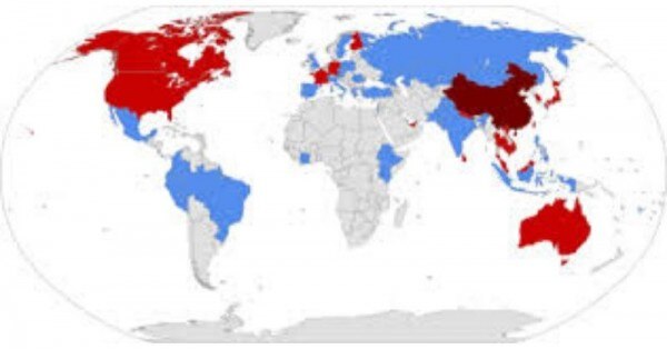 ये नक्शा नोवेल कोरोनावायरस का विस्तार और खतरे का लेवल दिखा रहा है. (सोर्स - विकिमीडिया)