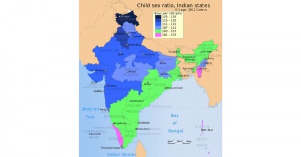 भारत के अलग-अलग इलाकों का सेक्स रेशो. उत्तर भारत में हालत ज़्यादा खराब है. जहां रंग नहीं है. वहां का डेटा उपलब्ध नहीं है. (सोर्स - विकिमीडिया) भारत के अलग-अलग इलाकों का सेक्स रेशो. उत्तर भारत में हालत ज़्यादा खराब है. जहां रंग नहीं है. वहां का डेटा उपलब्ध नहीं है. (सोर्स - विकिमीडिया)