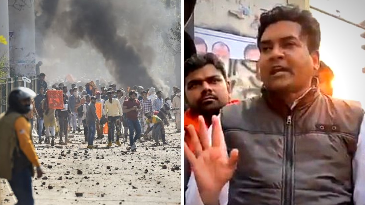 दिल्ली के जाफराबाद इलाके में हुई हिंसा. और दाहिनी ओर मौजपुर में अपनी बात रखते कपिल मिश्रा. Jafrabad Kapil Mishra Violence