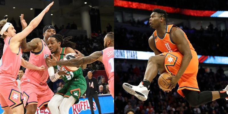 NBA Rising Stars के दौरान एक्शन में Team USA के Zion Williamson और दूसरी और Celebrity All Star का मैच. Rising Stars Celebrity 800