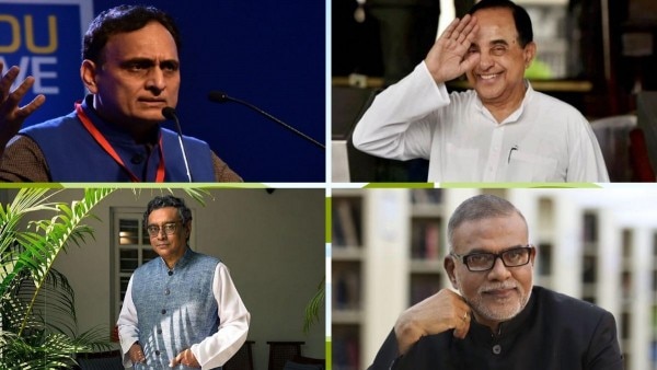 राकेश सिन्हा, सुब्रमण्यम स्वामी, नरेंद्र जाधव और स्वप्न दासगुप्ता. (घड़ी के चलने की दिशा में)