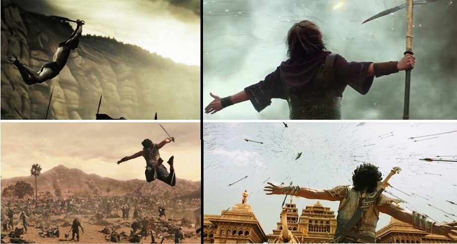 ऊपर दो विदेशी फिल्मों के शॉट; नीचे 'बाहुबली' फिल्म के शॉट्स Bahubali Shots2