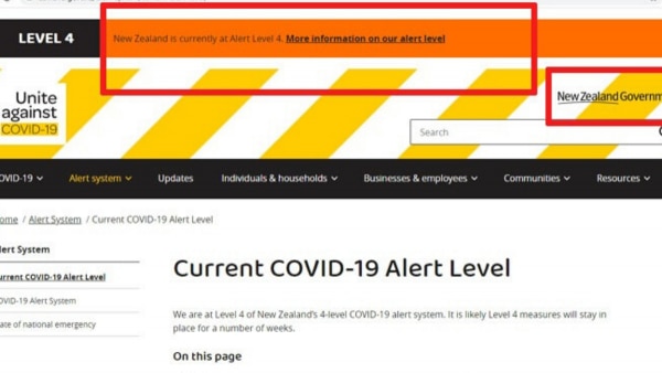 सरकारी वेबसाइट और अलर्ट सिस्टम (फोटो: covid19.govt.nz) New Zealand Alert Level
