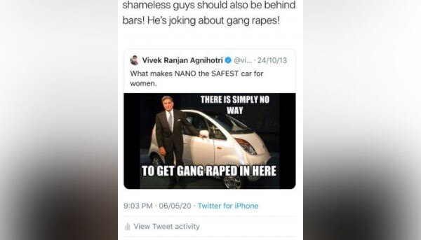 ट्वीट में लिखा है- नैनो गाडी महिलाओं के लिए सबसे सुरक्षित क्यों है? क्योंकि इसमें इतनी जगह ही नहीं है कि इसमें गैंग रेप किया जा सके. अब ये ट्वीट डिलीट कर दिया गया है. (तस्वीर: ट्विटर) Vivek Agnihotri