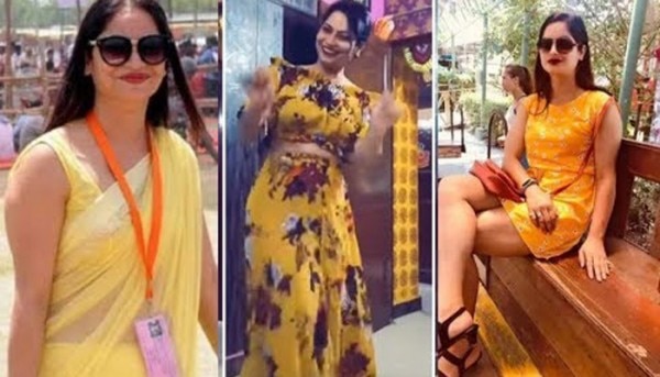 सबसे बाईं तरफ रीना की पीली साड़ी में जो तस्वीर है, इसी से वो वायरल हुई थीं सोशल मीडिया पर. Reena Dwivedi