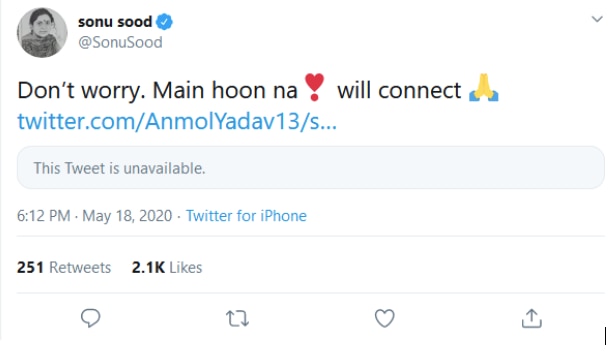 18 मई को अनमोल यादव ने सोनू सूद को ट्वीट किया. 18 मई को अनमोल यादव ने सोनू सूद को ट्वीट किया.