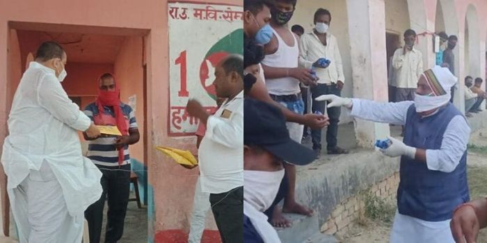 मोतिहारी के जेडीयू नेता महेश्वर सिंह (बाएं) और सीतामढ़ी के जेडीयू नेता राणा रणधीर सिंह (दाएं) ने क्वारंटीन सेंटर के कैंपल में जाकर सामान बांटा. (तस्वीर सोशल मीडिया) Untitled Design (3)