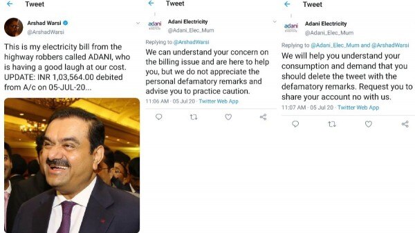 अरशद वारसी का ट्वीट और फिर अडाणी इलेक्ट्रिसिटी की ओर से किए गए ट्वीट. अरशद वारसी का ट्वीट और फिर अडाणी इलेक्ट्रिसिटी की ओर से किए गए ट्वीट.