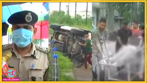 बाएं से दाएं: कानपुर ADG घटना की पूरी जानकारी देते हुए. कानपुर के भौंती के पास पलटी हुई गाड़ी. विकास दुबे को अस्पताल लाते पुलिसकर्मी, ये तस्वीर तब कि है जब तक विकास के मारे जाने की खबर को आधिकारिक तौर पर साफ नहीं किया गया था. (फोटो- इंडिया टुडे) Kanpur Adg