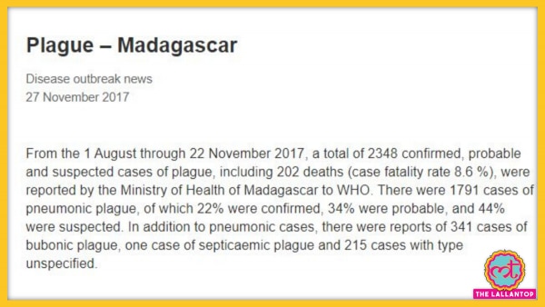 अगस्त से नवंबर के बीच प्लेग से 202 लोगों की जान चली गई. (स्क्रीनशॉट: डब्लूएचओ रिपोर्ट) Madagascar Plague Death Toll