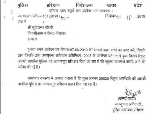 RTI में बताया गया कि नागरिक पुलिस के 23520 पदों के सापेक्ष 20525 रंगरूट ट्रेनिंग कर रहे हैं. RTI में बताया गया कि नागरिक पुलिस के 23520 पदों के सापेक्ष 20525 रंगरूट ट्रेनिंग कर रहे हैं.